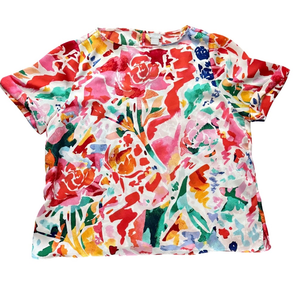 Chico's Red and Pink Floral Blouse Short Sleeve Top